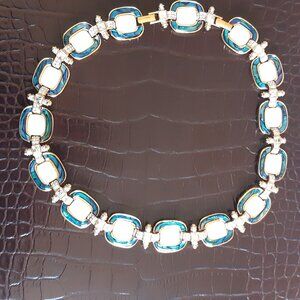 Blue & White Glass 17 + 2 Inch Necklace Gold Tone, Rhinestone Links